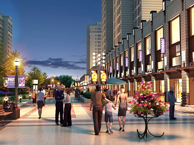 Bustling Evening Commercial Street with Pedestrians Tall Buildings Lit Shopfronts and Flower Arrangements 3d model