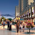 Bustling Evening Commercial Street with Pedestrians Tall Buildings Lit Shopfronts and Flower Arrangements