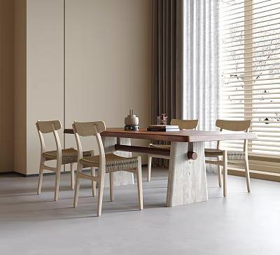 Modern Wooden Dining Table And Chair Set With Woven Seats In Bright Interior 3d model