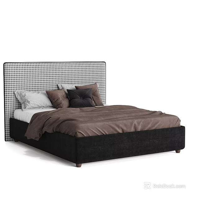 Double Bed With Checkerboard Pattern Headboard Black Mattress Brown Gray Pillows And Brown Comforter 3d model