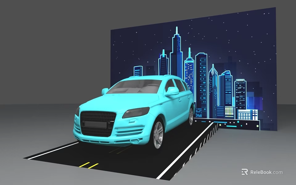 Modern Showcase Racks Displaying Light Blue SUV Against City Skyline Background 3d model 