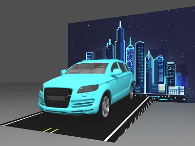 Modern Showcase Racks Displaying Light Blue SUV Against City Skyline Background 3d model