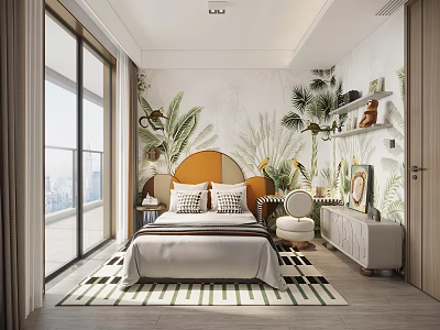 Kids Room Interior Design With Tropical Plant Mural Orange Headboard And Natural Light 3d model