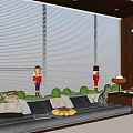 Cozy Bay Window Interior With Blinds Bench Cushions Nutcracker Figures Green Plants 3d model