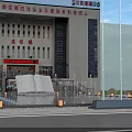 Scenic Square Landscape With Central Fountain Pool Red Flags On Flagpoles And Paved Ground