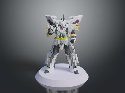 Winged Mechanical Creature Character With White Armor And Yellow Red Accents Standing On Display Base 3d model