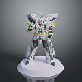 Winged Mechanical Creature Character With White Armor And Yellow Red Accents Standing On Display Base