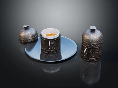 Decorative Coffee Cup With Patterns On Blue Plate And Lidded Containers In Black Background 3d model