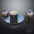 Decorative Coffee Cup With Patterns On Blue Plate And Lidded Containers In Black Background