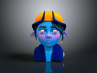 Cute Blue Skinned Elf Eared Character Wearing Yellow Hat With Large Purple Eyes 3d model