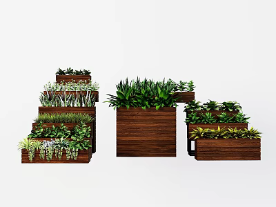 Wooden Garden Planters with Tiered and Square Designs Featuring Various Green Plants and Succulents 3d model
