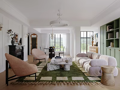 Modern Living and Dining Room Interior With Green Rug Pink Chairs And Marble Coffee Table 3d model