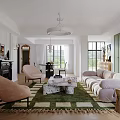 Modern Living and Dining Room Interior With Green Rug Pink Chairs And Marble Coffee Table