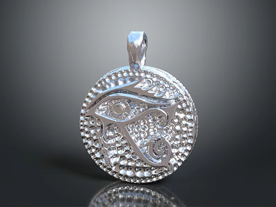 Shiny Silver Circular Pendant With Intricate Eye Design And Diamond Inlays 3d model