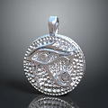 Shiny Silver Circular Pendant With Intricate Eye Design And Diamond Inlays