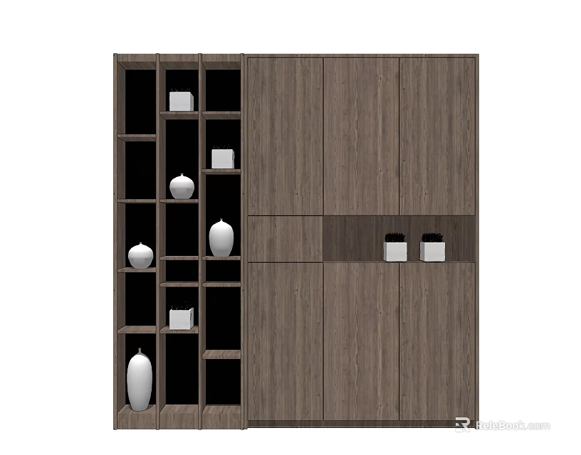 Modern Decorative Cabinet With Wooden Texture Open Shelves And White Vases 3d model 