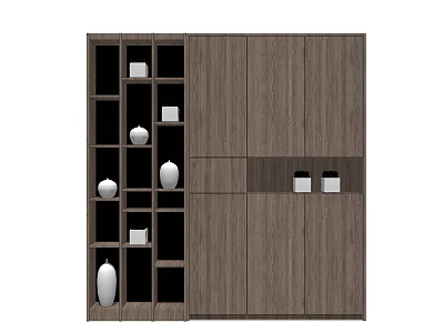 Modern Decorative Cabinet With Wooden Texture Open Shelves And White Vases 3d model