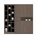 Modern Decorative Cabinet With Wooden Texture Open Shelves And White Vases