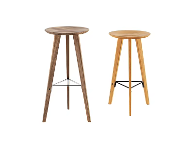 Two Simple Design Wooden Bar Stools With Round Seats Different Colors And Metal Supports 3d model