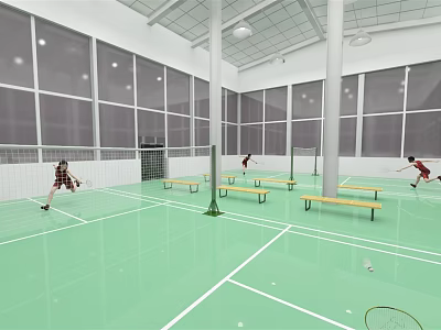 Indoor Badminton Court With Green Floor And People Playing For Fitness Activity 3d model