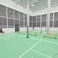 Indoor Badminton Court With Green Floor And People Playing For Fitness Activity