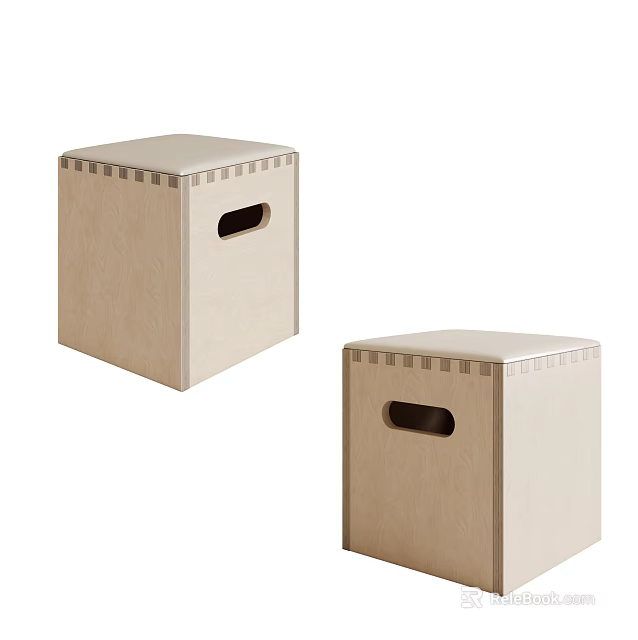Square Light Wood Stools With Top Trim And Side Handle Design 3d model 