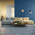 Modern Sofa and Coffee Table Set with Blue Walls Yellow Accent and Natural Light