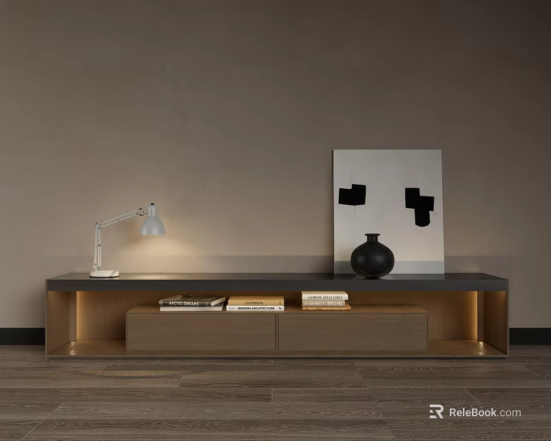 Modern Wooden TV Stand with Table Lamp Stacked Books Black Vase and Wall Artwork 3d model 