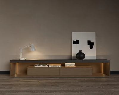Modern Wooden TV Stand with Table Lamp Stacked Books Black Vase and Wall Artwork 3d model