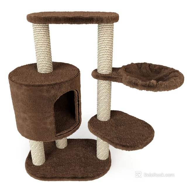 Brown Cat Tree With Sisal Wrapped Posts Platforms And Cozy Condo 3d model 