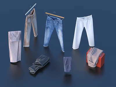 Versatile Pants Collection Featuring Hanging And Folded Styles In Beige Blue White Grey 3d model