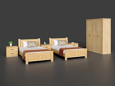 Wooden Single Beds with Nightstands Potted Plant and Wardrobe in Bedroom 3d model