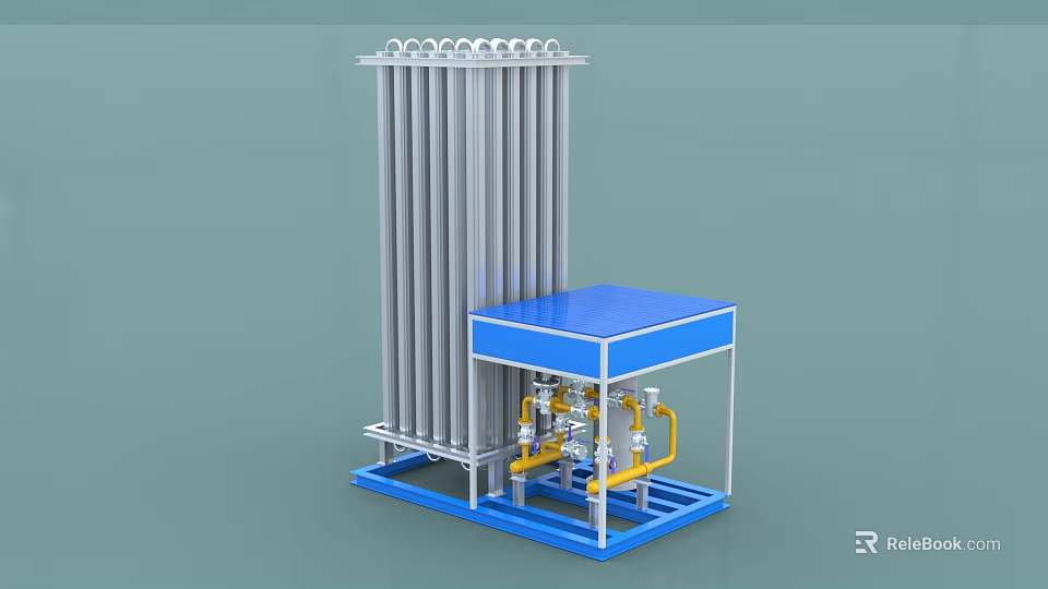 Industrial Equipment With Multiple Vertical Pipes Top Circular Components Blue Base And Yellow Valves 3d model 