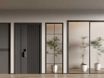 Modern Interior Doors Featuring Vertical Stripes Glass Panels And Potted Plants On Wooden Floor 3d model