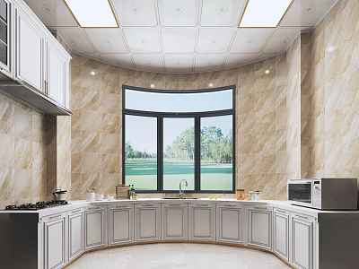 Spacious Kitchen Interior With White Cabinets Large Window Marble Walls And Ceiling Lights 3d model