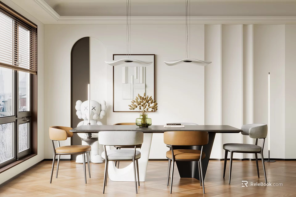 Elegant Restaurant Dining Area Featuring Long Table Chairs Pendant Lights Decorative Art And Wooden Floor 3d model 