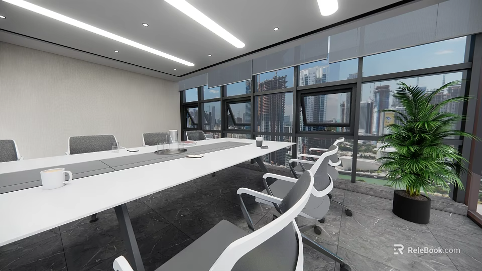 Modern Conference Room Interior With Long Table Chairs Large Windows City View And Green Plant 3d model 