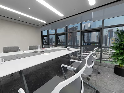 Modern Conference Room Interior With Long Table Chairs Large Windows City View And Green Plant 3d model