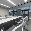 Modern Conference Room Interior With Long Table Chairs Large Windows City View And Green Plant