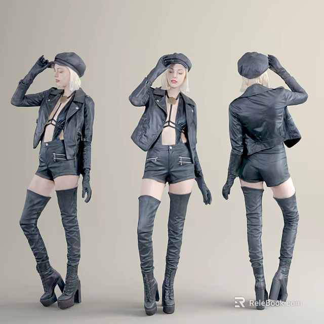 Woman In Black Leather Jacket Shorts And Over The Knee Boots Posing Multiple Angles 3d model 