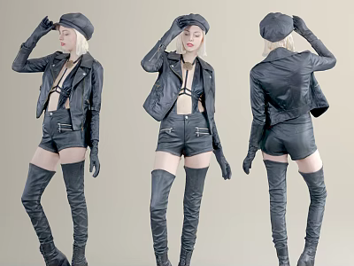 Woman In Black Leather Jacket Shorts And Over The Knee Boots Posing Multiple Angles 3d model