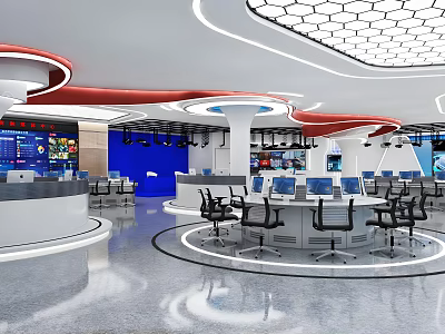 Modern Spacious Monitoring Control Room With Large Display Screens And Multiple Orderly Computer Workstations 3d model