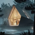 Modern Detached Villa with Triangular Roof Wooden Structure and Large Windows in Forest by River
