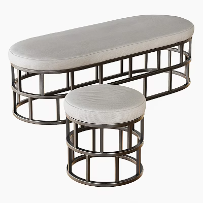 Modern Minimalist Sofa Bench Set With Upholstered Light Gray Seats And Metal Circular Frame Design 3d model