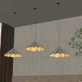 Modern Three Pendant Lights With Golden White Shade Over Perforated Wall And Green Plant Curtain