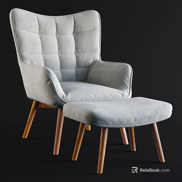 Light Gray Padded Tufted Backrest Comfy Accent Chair with Matching Ottoman Wooden Legs Modern Design 3d model 