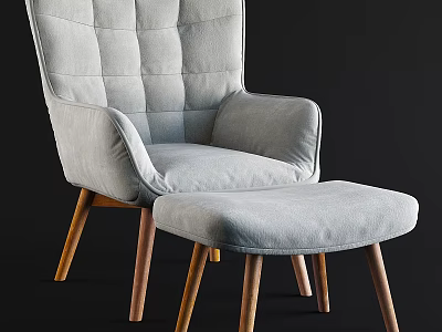 Light Gray Padded Tufted Backrest Comfy Accent Chair with Matching Ottoman Wooden Legs Modern Design 3d model