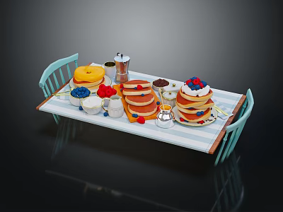 Delicious Pancakes with Berries Maple Syrup on Breakfast Table with Coffee Pot and Fruits 3d model