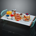 Delicious Pancakes with Berries Maple Syrup on Breakfast Table with Coffee Pot and Fruits