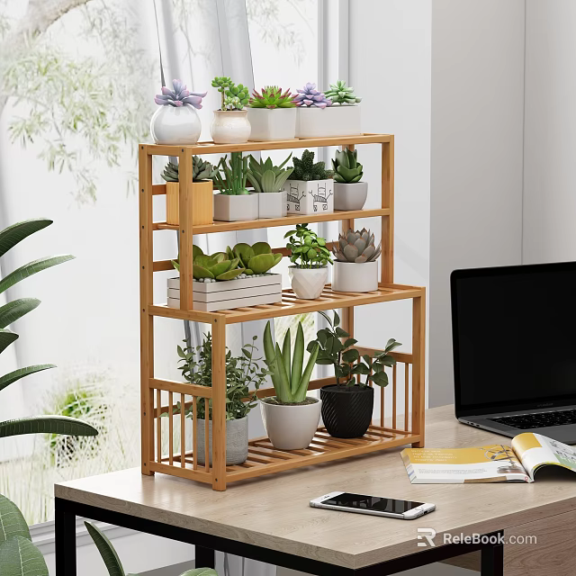 Multi tiered Wooden Storage Shelf with Potted Plants Books and Decorations in Modern Home Office 3d model 